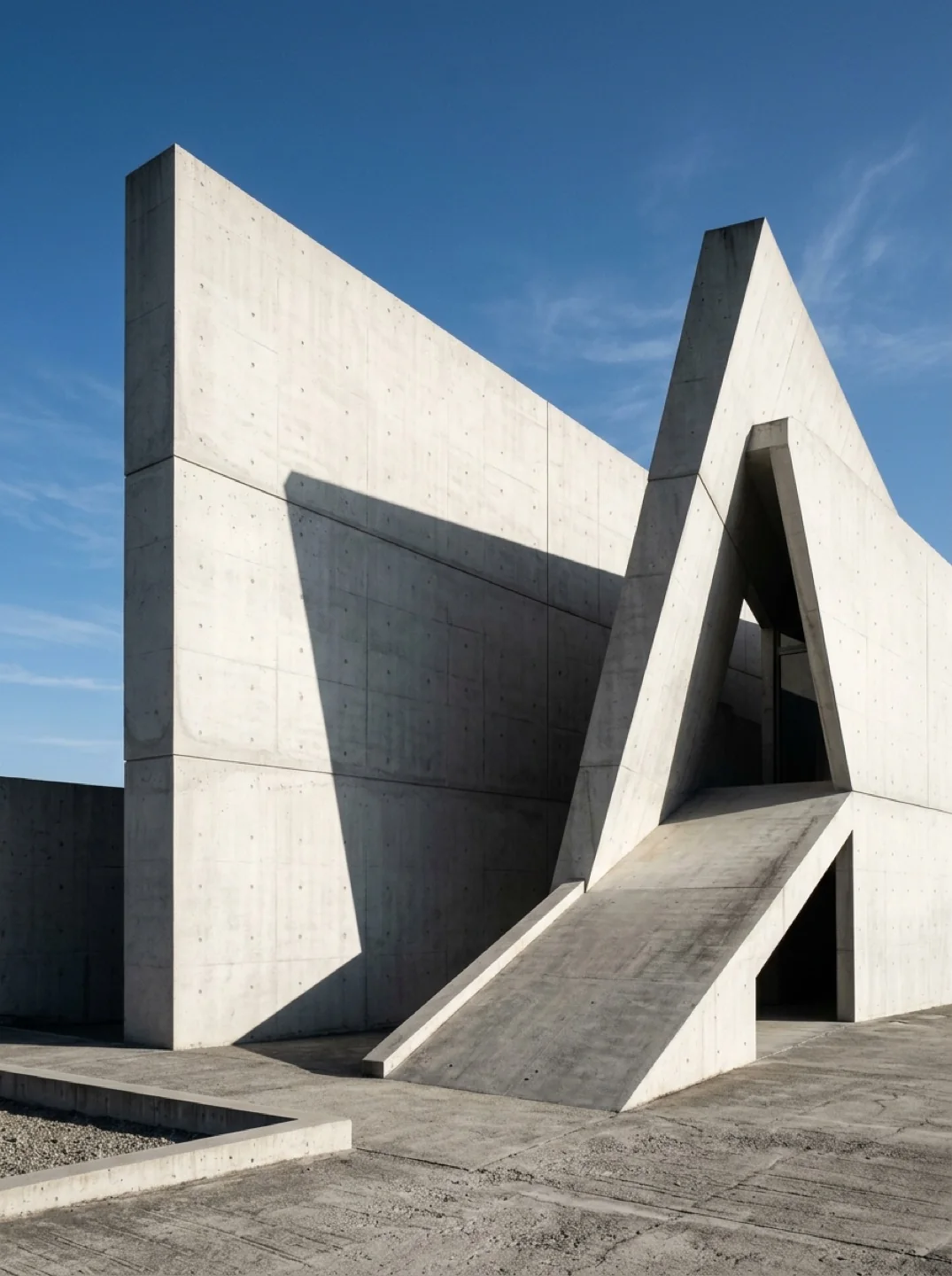 Minimalist concrete monolithic architecture with dramatic geometric shadows under morning sky.